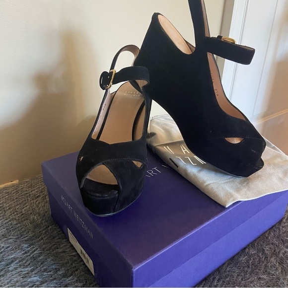 Stuart Weitzman Black Suede Turnover Platform Heel - Picture 2 of 14